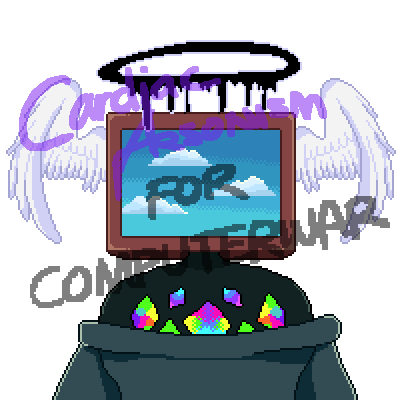 A static pixel bust icon of Computer Warrior, for computerwar on Toyhou.se: Television screen headed character with a black drippy halo, white head-mounted wings, and stained glass decopauge on its shirt. Its screen shows a mid-morning sky with clouds.