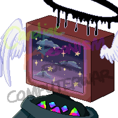 An animated pixel bust icon of Computer Warrior, for computerwar on Toyhou.se: Television screen headed character with a black drippy halo, white head-mounted wings, and stained glass decopauge on its shirt. Its screen shows a dusk sky with sparkling stars